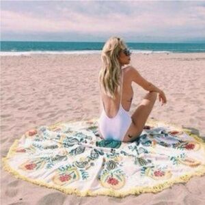 Gypsy 05 Yellow Fringe Floral Cotton Tablecloth 66" ROUND